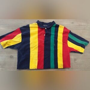 Vintage 1994 Nautica Mens Polo Shirt - Bold Red, Yellow, Green, and Blue Stripes